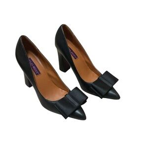 Mojo Moxy Women's Size 7.5 Sophia Pumps Bow Detail Black Leather EUC 4 Inch Heel